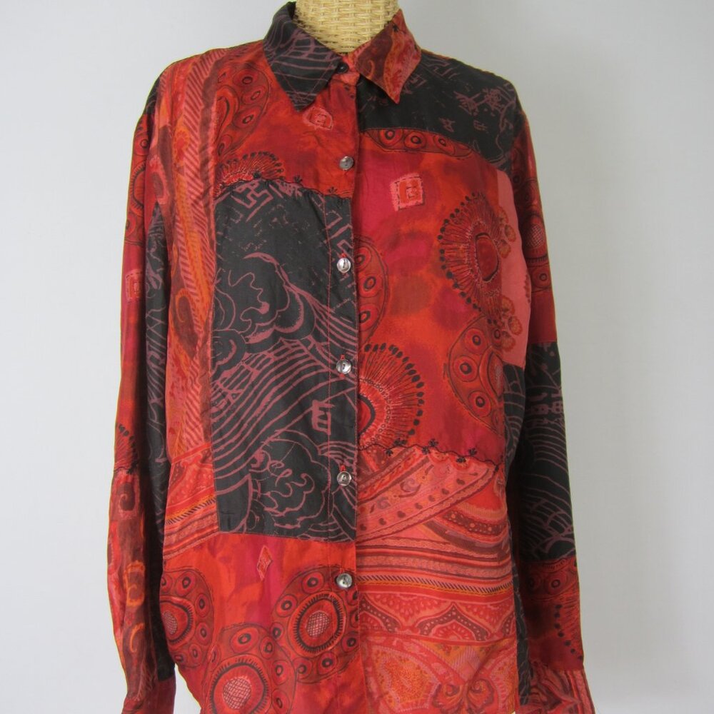 Chicos 2 Women Large Orange Black 100% Silk LS Shirt Blouse Tribal Patchwork